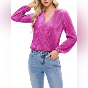 NEW Magenta Plisse Long Lantern Sleeve Loose Fit V Neck Blouse Top S